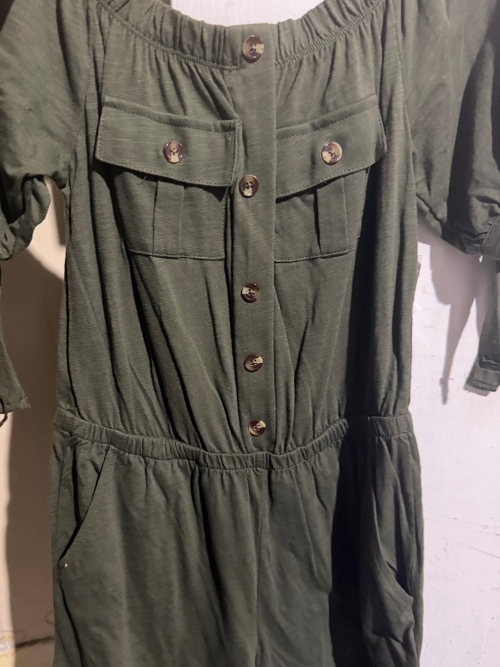 Off-Shoulder Olive Green Button-Front Mini Dress